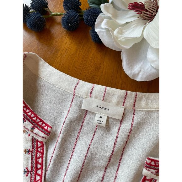 A Loves A Womens Medium Boho Embroidery Top White/Red Striped Cottagecore Fairy - Picture 3 of 11